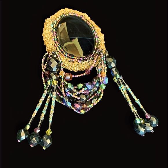 Vintage Onyx Swarovski Crystal hand beaded festoon style 4.5” x 2” artist pin - Picture 1 of 10